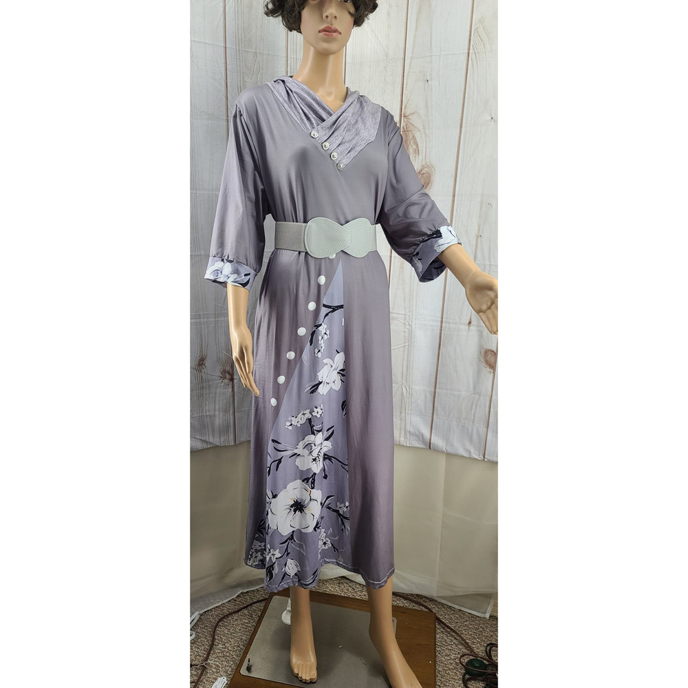 Hekka Women's L Gray Midi Dress Pearl / Floral 3/4 Sleeve Elastic Leather Belt